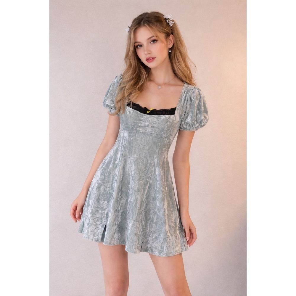 Kimchi Blue Urban Outfitters Crushed Velvet Lace Trim Mini Dress Light Green S